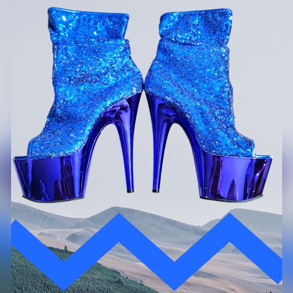 Pleaser Size 8 Adore Ankle Boots Blue Sequins Blue Chrome worn Dancer Shoes GUC - Picture 2 of 16